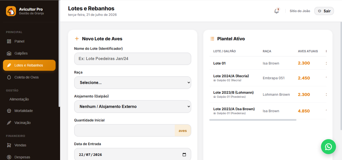 Tela do sistema Avicultor Pro para desktop