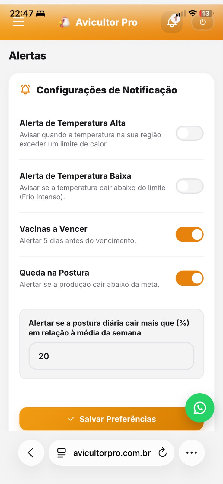 Tela do aplicativo Avicultor Pro para celular