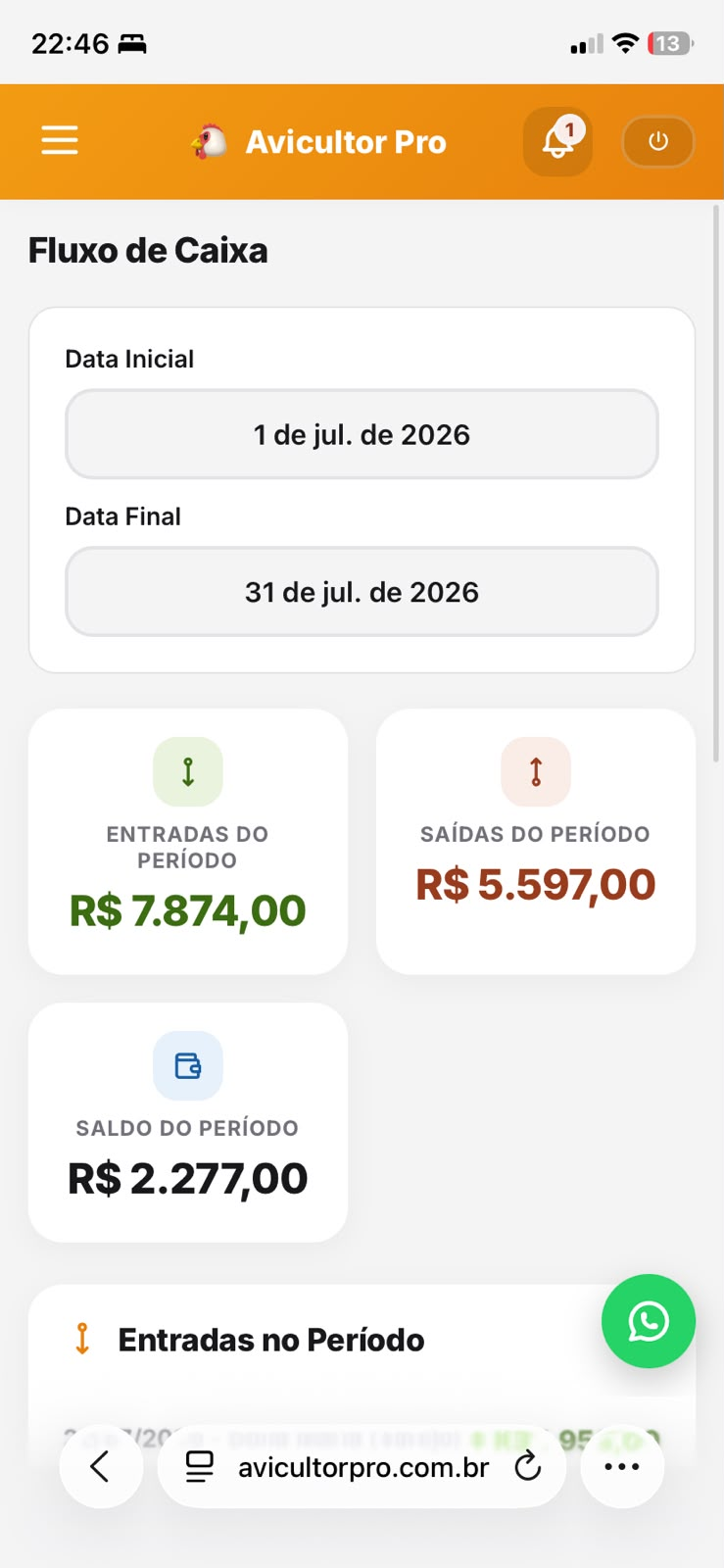 Tela do aplicativo Avicultor Pro para celular